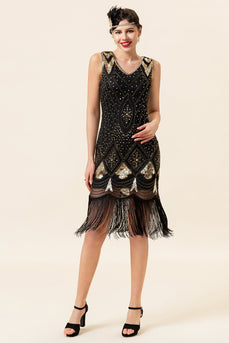 Black Fringe Great Gatsby Party Dress With 20s Accessories Set