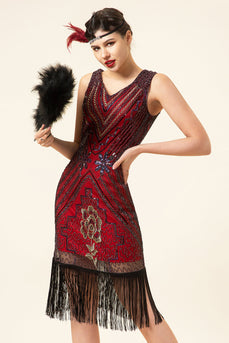 Burgundy Sleeveless 1920s Gatsby Dress With 20s Accessories Set