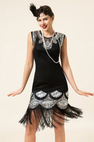 Load image into Gallery viewer, Sequins Black Fringe 1920s Dress With 20s Accessories Set