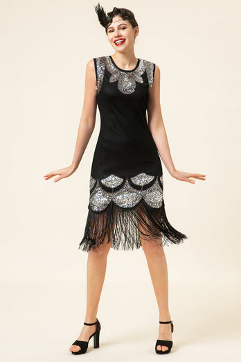 Sequins Black Fringe 1920s Dress With 20s Accessories Set