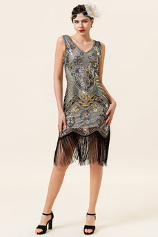 Golden Fringe 1920s Dress With 20s Accessories Set