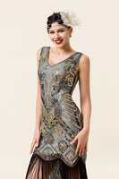 Load image into Gallery viewer, Golden Fringe 1920s Dress