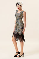 Load image into Gallery viewer, Golden Fringe 1920s Dress
