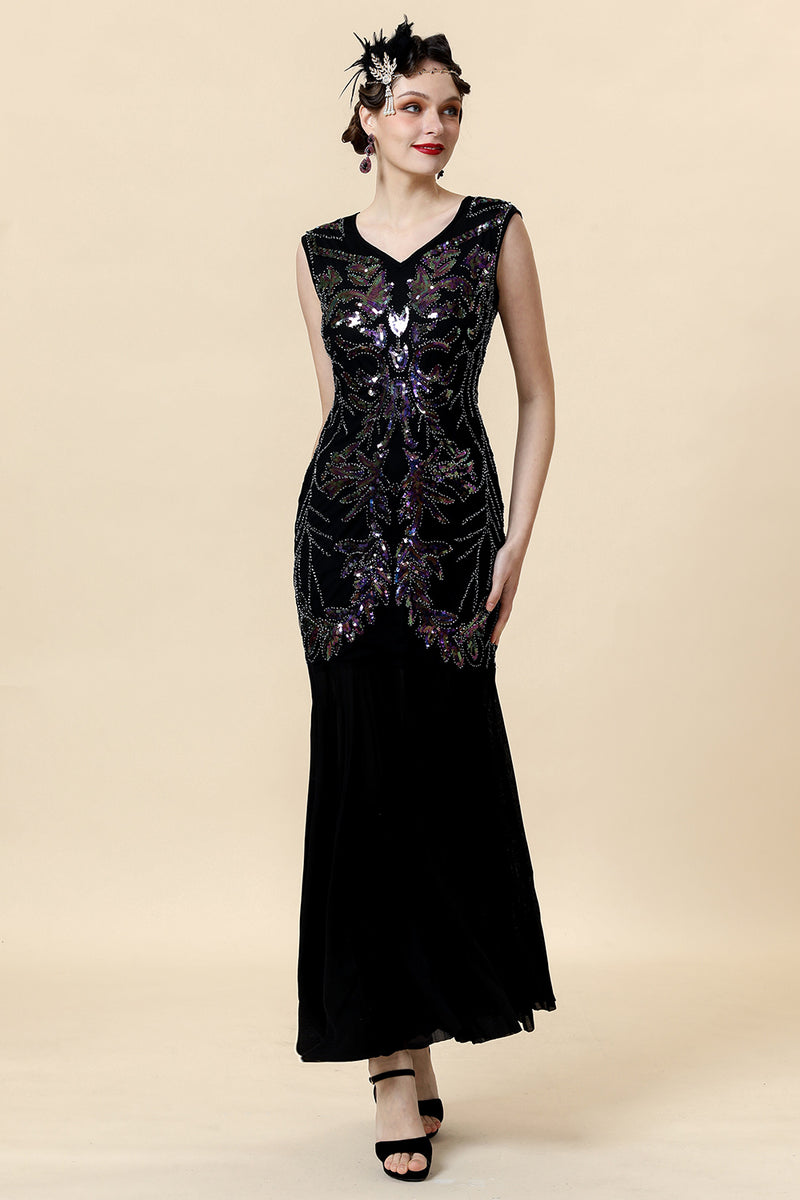 Load image into Gallery viewer, V Neck Black Sequins Long Formal Dress
