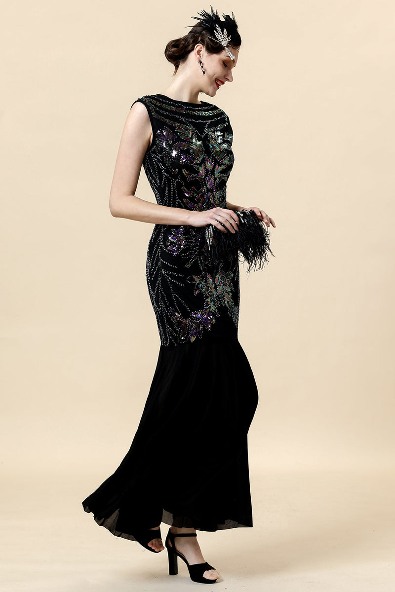 Load image into Gallery viewer, V Neck Black Sequins Long Formal Dress