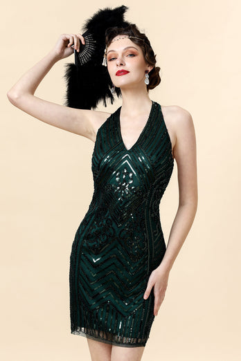 Halter Green Sequins Cocktail Party Dress