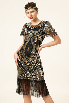 Black and Gold Sequin 1920 Dress with 20s Accessories Set