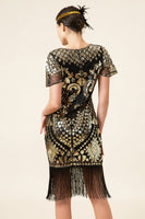 Load image into Gallery viewer, Black and Gold Sequin 1920 Dress with 20s Accessories Set