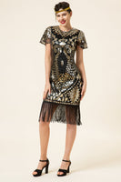 Load image into Gallery viewer, Black and Gold Sequin 1920 Dress with 20s Accessories Set