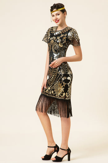 Black and Gold Sequin 1920 Dress with Batwing Sleeves