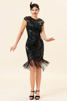 Load image into Gallery viewer, Black&amp;Green Sequins 1920s Dress With 20s Accessories Set
