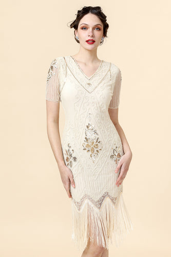 Apricot Beaded Sequin 1920s Dress with Sleeves