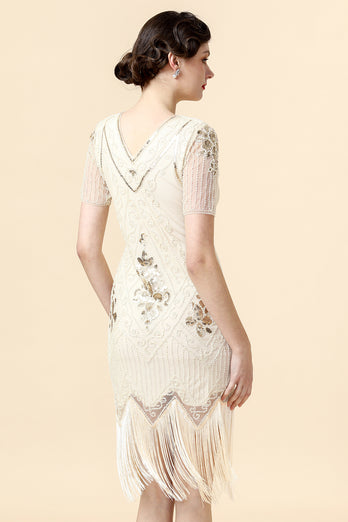 Apricot Beaded Sequin 1920s Dress with Sleeves