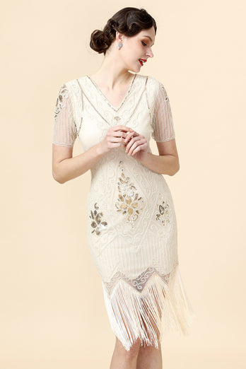 Apricot Beaded Sequin 1920s Dress with Sleeves