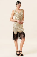 Load image into Gallery viewer, Champagne and Black Sequin Fringe 1920s Dress With 20s Accessories Set