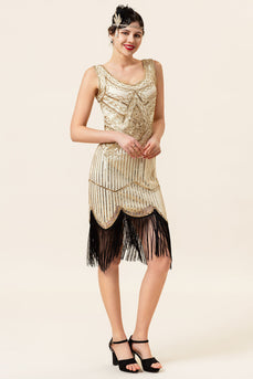 Champagne and Black Sequin Fringe 1920s Dress With 20s Accessories Set