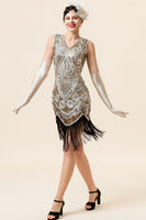 Load image into Gallery viewer, Silver Fringe Sequin 1920s Flapper Dress With 20s Accessories Set
