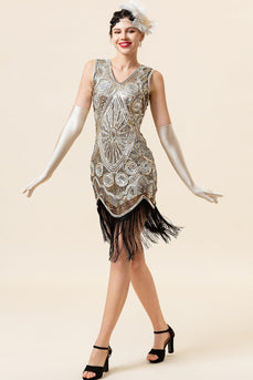 Silver Fringe Sequin 1920s Flapper Dress With 20s Accessories Set