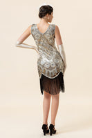 Load image into Gallery viewer, Silver Fringe Sequin 1920s Flapper Dress With 20s Accessories Set