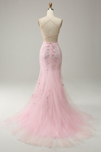 Mermaid Spaghetti Straps Light Pink Long Prom Dress with Appliques