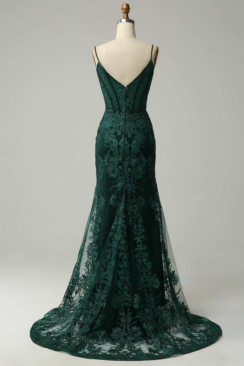 Load image into Gallery viewer, Mermaid Spaghetti Straps Peacock Green Prom Dress with Appliques