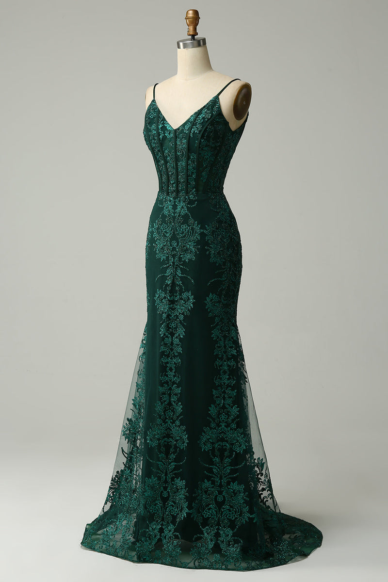 Load image into Gallery viewer, Mermaid Spaghetti Straps Peacock Green Prom Dress with Appliques