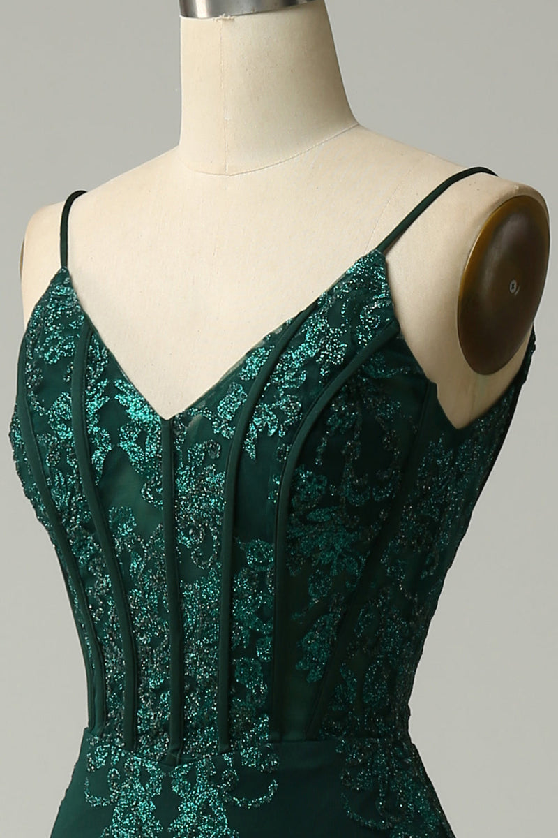 Load image into Gallery viewer, Mermaid Spaghetti Straps Peacock Green Prom Dress with Appliques