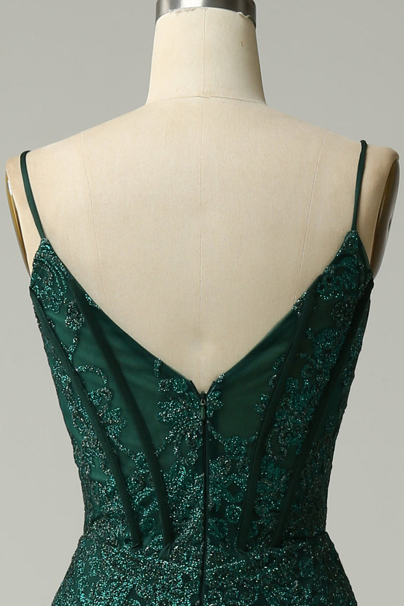 Load image into Gallery viewer, Mermaid Spaghetti Straps Peacock Green Prom Dress with Appliques