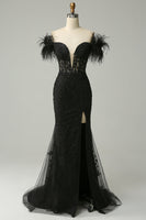 Load image into Gallery viewer, Black Mermaid Lace Long Prom Dress with Feathers