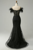 Load image into Gallery viewer, Black Mermaid Lace Long Prom Dress with Feathers