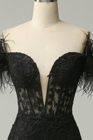 Load image into Gallery viewer, Black Mermaid Lace Long Prom Dress with Feathers