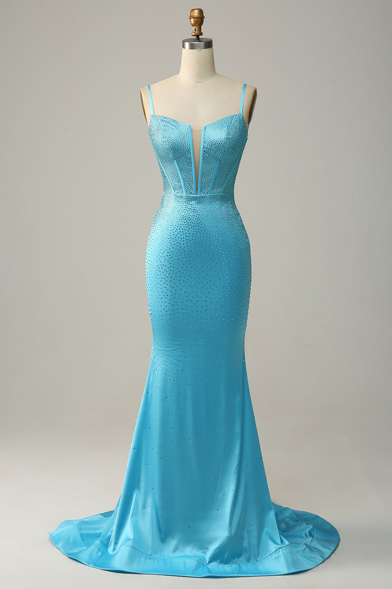 Load image into Gallery viewer, Mermaid Spaghetti Straps Blue Beaded Prom Dress