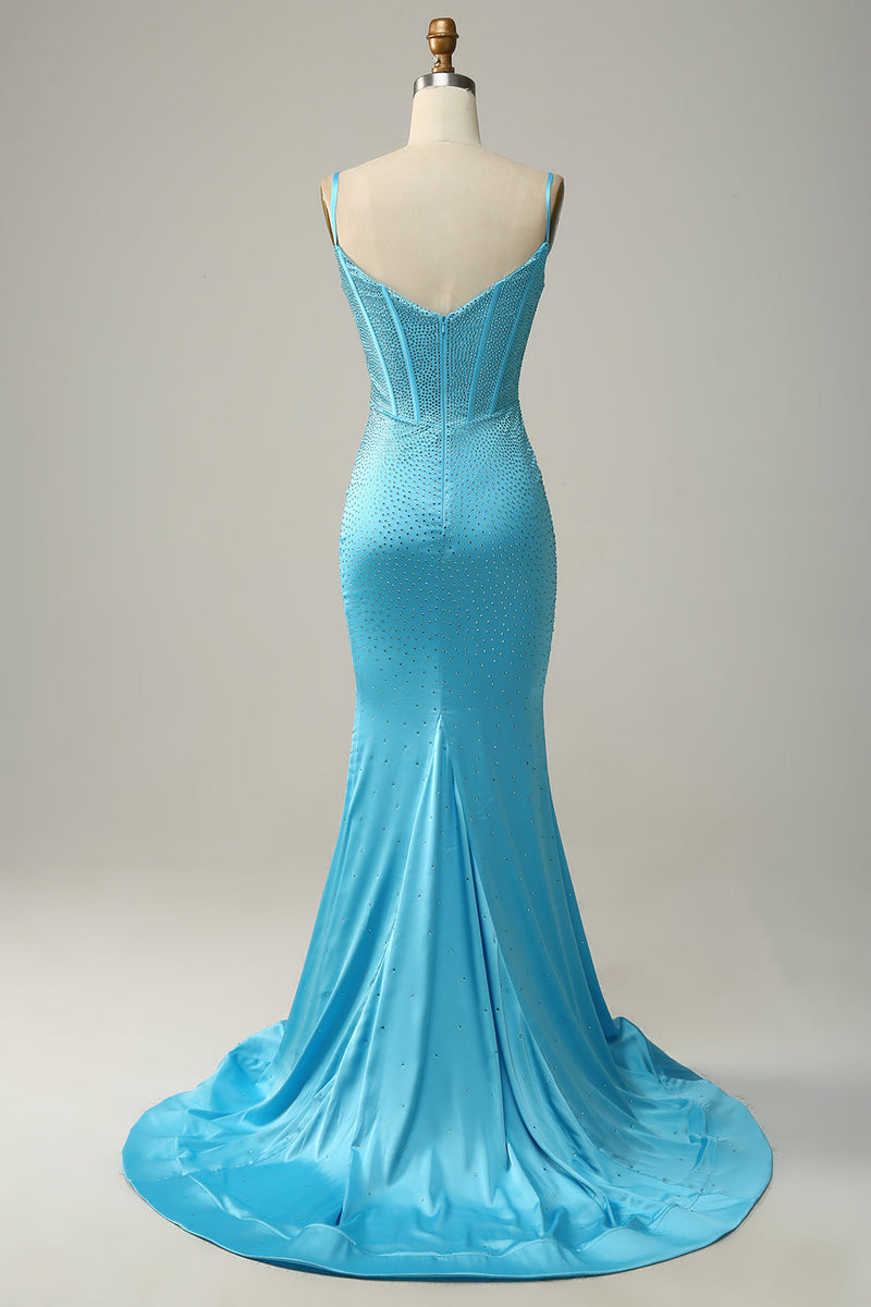 Load image into Gallery viewer, Mermaid Spaghetti Straps Blue Beaded Prom Dress