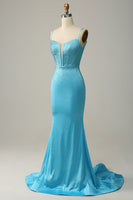 Load image into Gallery viewer, Mermaid Spaghetti Straps Blue Beaded Prom Dress