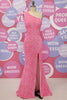 Load image into Gallery viewer, Fuchsia One Shoulder Sequins Prom Dress With Slit
