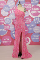 Load image into Gallery viewer, Fuchsia One Shoulder Sequins Prom Dress With Slit