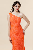 Load image into Gallery viewer, Orange One Shoulder Sequins Prom Dress