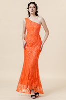 Load image into Gallery viewer, Orange One Shoulder Sequins Prom Dress