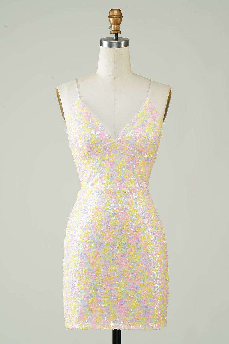 Load image into Gallery viewer, White Spaghetti Straps Tight Homecoming Dress with Rainbow Sequins