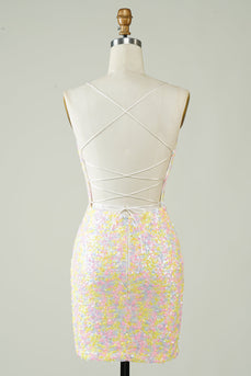 White Spaghetti Straps Tight Homecoming Dress with Rainbow Sequins