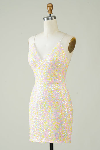 White Spaghetti Straps Tight Homecoming Dress with Rainbow Sequins