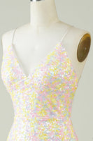 Load image into Gallery viewer, White Spaghetti Straps Tight Homecoming Dress with Rainbow Sequins