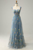 Load image into Gallery viewer, Elegant A-Line Square Neck Grey Blue Long Prom Dress with Embroidery