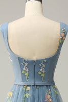 Load image into Gallery viewer, Elegant A-Line Square Neck Grey Blue Long Prom Dress with Embroidery