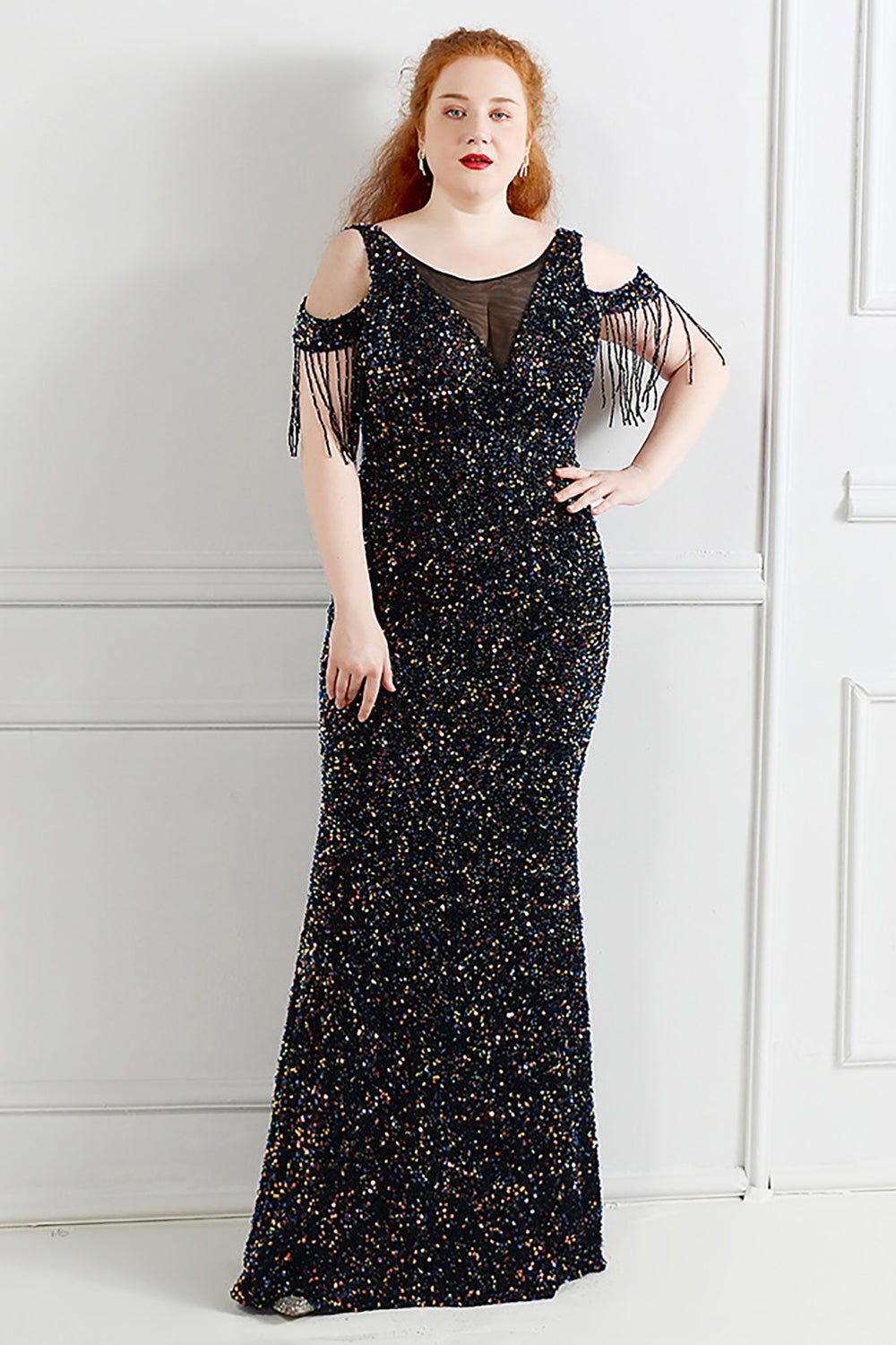 Black Sequins Off Shoulder Plus Size Prom Dress