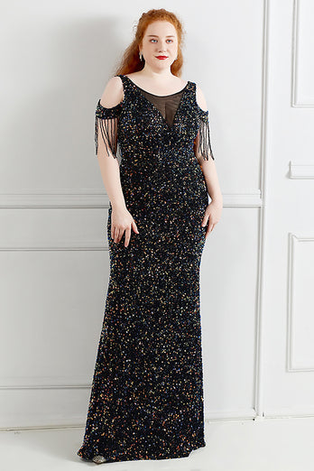 Black Sequins Off Shoulder Plus Size Prom Dress
