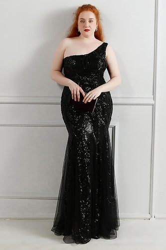 Sequins Tulle Black Sparkly One Shoulder Plus Size Prom Dress