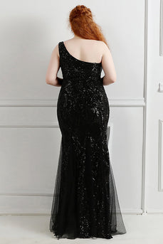 Sequins Tulle Black Sparkly One Shoulder Plus Size Prom Dress