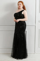 Load image into Gallery viewer, Sequins Tulle Black Sparkly One Shoulder Plus Size Prom Dress