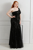 Load image into Gallery viewer, Sequins Tulle Black Sparkly One Shoulder Plus Size Prom Dress